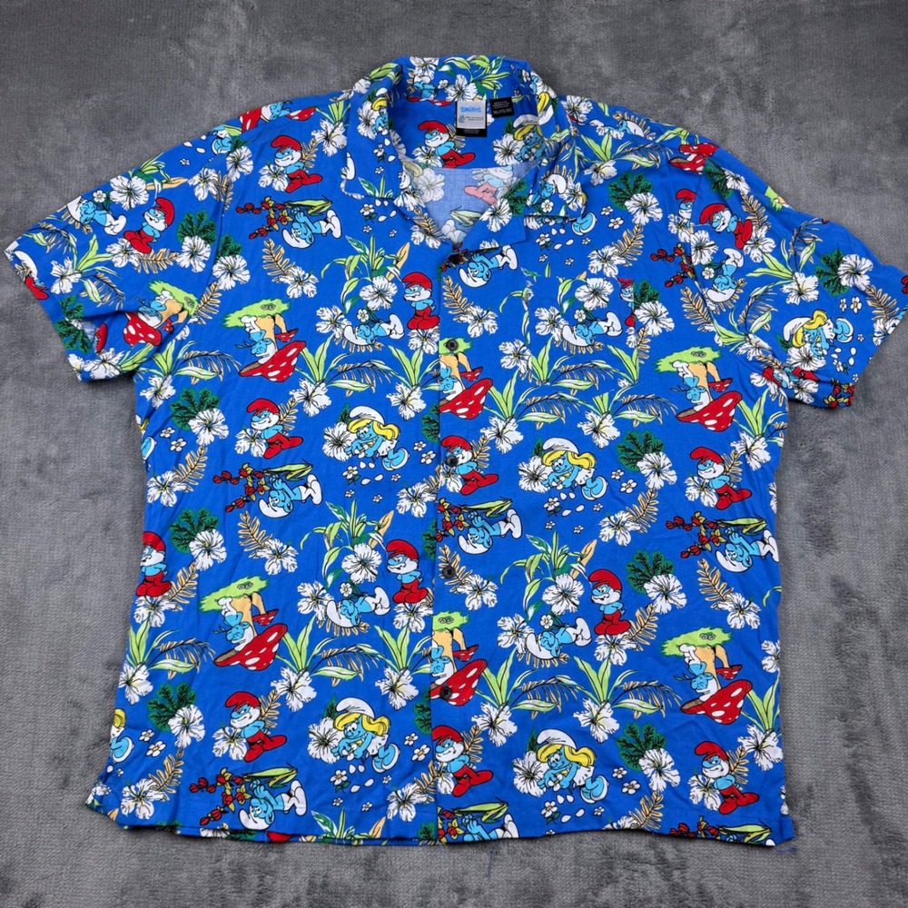The Smurfs Mad Engine Mens 3XL Tropical Hibiscus Rayon Button Up Shirt Blue
